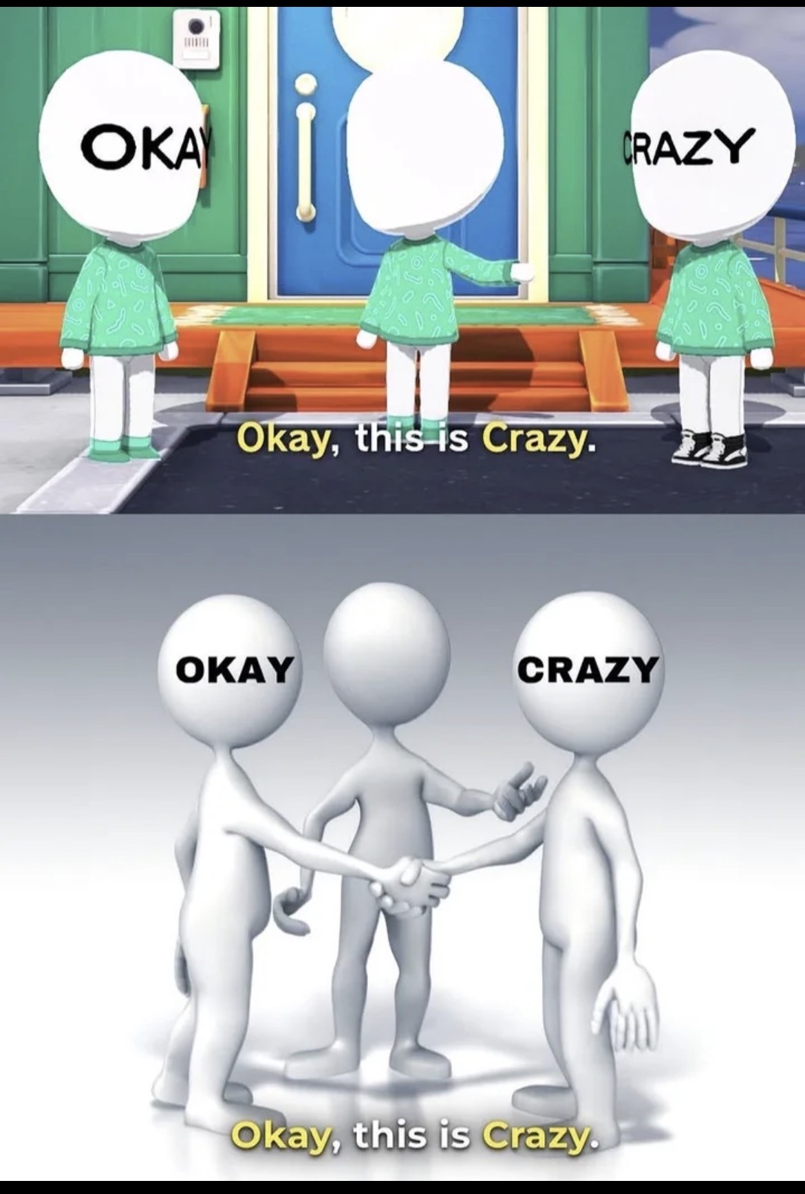Okay this is Crazy introduction meme recreated in Tomodachi Life Living the Dream